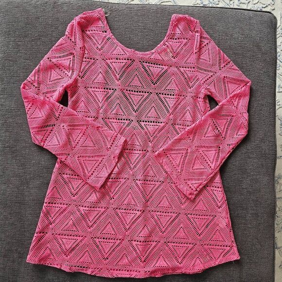 Lagaci Women's Pink Lace Back Tie Long Sleeve Crochet Cover Up Size Medium - Picture 1 of 8